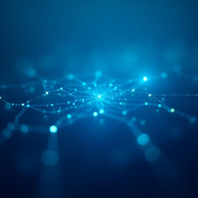 Visualización abstracta de flujos de datos marinos y conexiones de red.